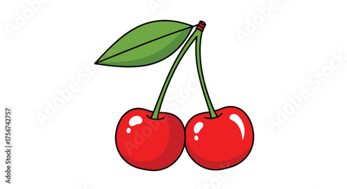 A pair of ripe red cherries with a green leaf on a white background.