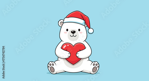 A cute polar bear wearing a Santa hat holds a red heart.