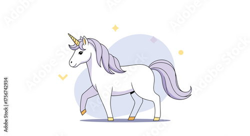 A beautiful white unicorn with a golden horn and flowing mane walks gracefully.