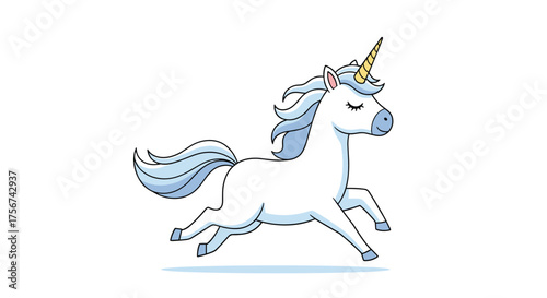 A whimsical cartoon illustration of a running white unicorn with a flowing blue mane and tail.
