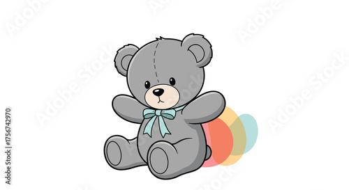 A cute grey teddy bear with a blue bow sits with colorful motion blur effects originating from its rear.