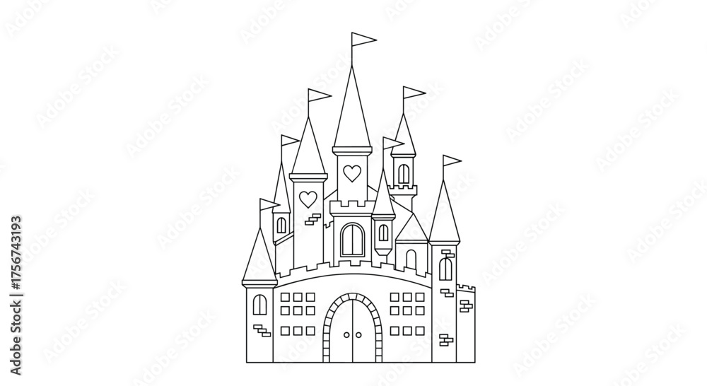 Fototapeta premium A simple line drawing of a fairytale castle with tall spires and flags.