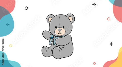 A cute fluffy grey teddy bear with a blue bow is sitting and waving its paw.