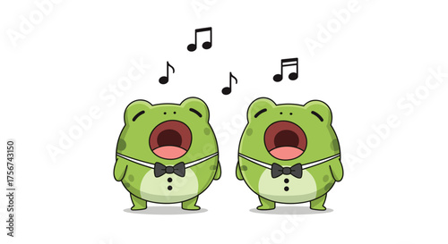 Two cute frogs singing in harmony in tiny tuxedos.