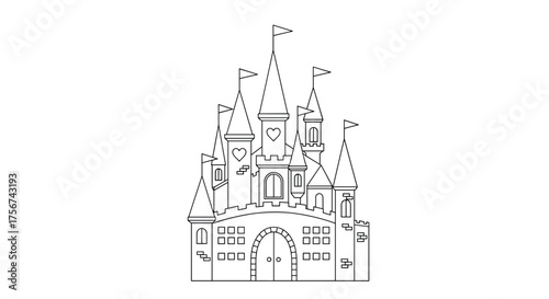 A simple line drawing of a fairytale castle with tall spires and flags.