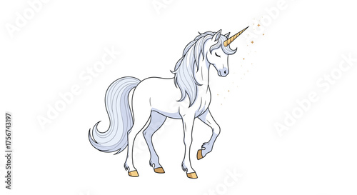 A majestic white unicorn walks gracefully with its horn shining brightly.