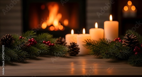 Wallpaper Mural Cozy Winter Evening Ambiance with Candles, Fireplace, and Evergreen Garland Torontodigital.ca