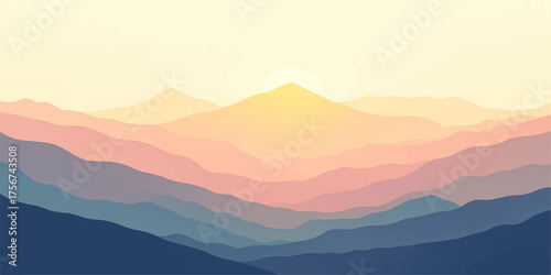A vast landscape of mountains and hills shrouded in mist under a fiery sunset sky