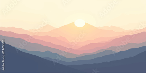 Misty mountain landscape at sunrise with fog filling the valley under a blue sky