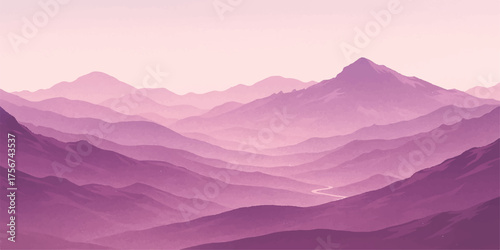 Golden hour mountain landscape: a breathtaking view of the misty valley range at dawn and sunset, with peaks touching the horizon and sunlit clouds above