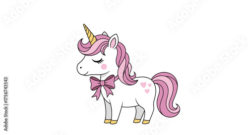 A cute white unicorn with a pink mane and tail wears a bow.