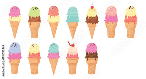 A colorful collection of pixel art ice cream cones in various flavors.