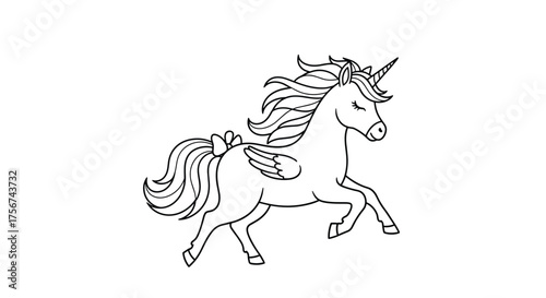 A whimsical outline drawing of a majestic unicorn with flowing mane and tail and delicate wings ready for flight.