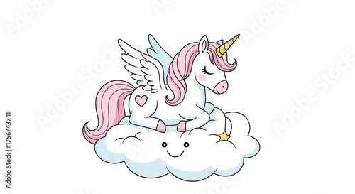 A whimsical winged unicorn resting peacefully on a fluffy cloud.