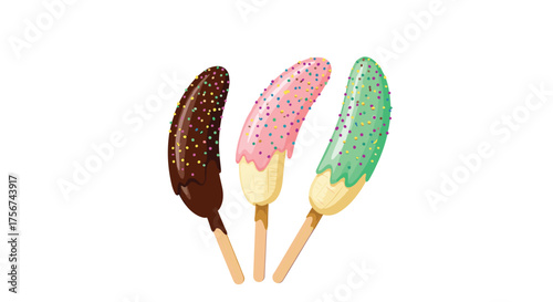Three frozen bananas dipped in different colored coatings covered in sprinkles.