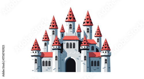 A whimsical fairytale castle with red heart-shaped roofs stands tall.