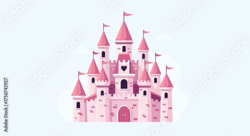 A beautiful pink fairytale castle with flags on top.