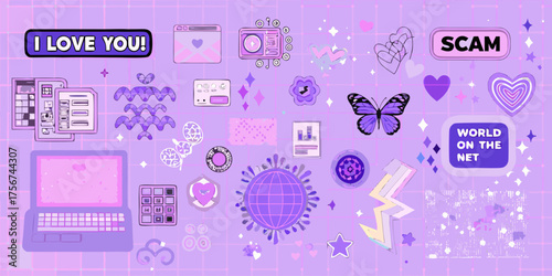 Digital romance scam warning with i love you and scam messages on a purple grid background