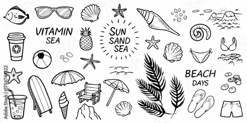 Collection of hand drawn beach vacation icons and symbols for summer holidays