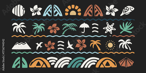 Collection of hawaiian inspired tropical icons and symbols in a playful hand drawn style on a dark background