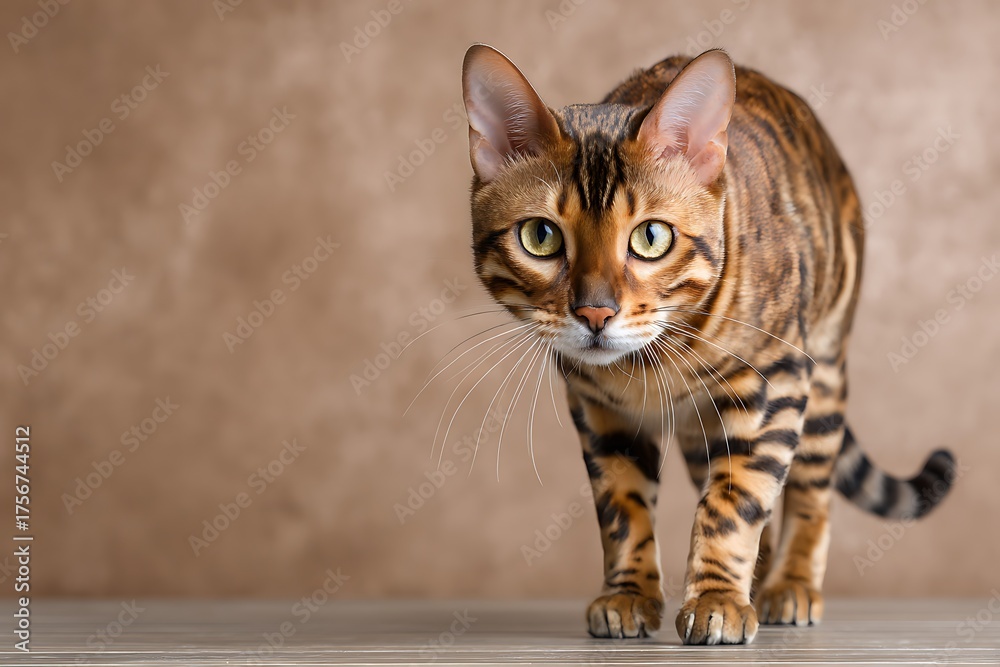 Obraz premium Bengal Cat Portrait: A Captivating Gaze and Striking Markings Against a Neutral Backdrop