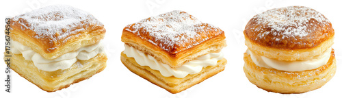 Flaky Pastry Treats with Whipped Cream and Powdered Sugar Topping on a Transparent Background