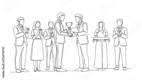 Continuous Line Art of Award Ceremony – Black Minimalist Vector of People Receiving Trophies and Certificates Representing Recognition, Achievement, and Prize Giving Celebration