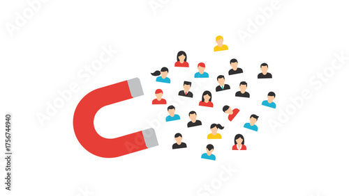 A flat vector magnet attracting vibrant flat icons of customers, symbolizes customer engagement, brand attraction, and interactive marketing strategy.