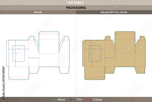 Window slope tuck end box dieline elegant vector printing packaging mockup highlighting tilted window panel design detailed folding and die line for luxury brand packaging