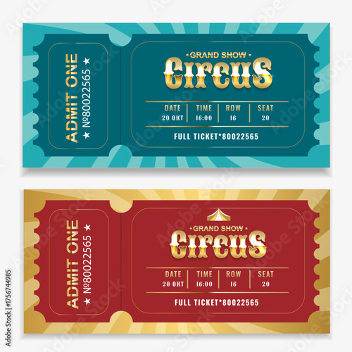 Vector template for a circus ticket! Two design options, specify the date, time, and location. A great design for a vibrant circus invitation!


