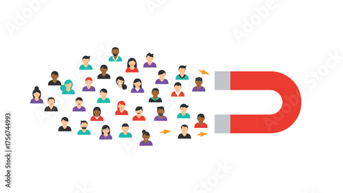 A flat vector magnet attracting vibrant flat icons of customers, symbolizes customer engagement, brand attraction, and interactive marketing strategy.
