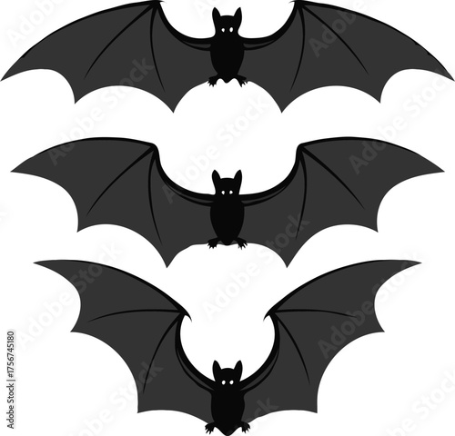 Clean black and white vector illustration of cute flying cartoon bats with simple shapes and friendly expressions, minimal details, smooth outlines, white background.eps