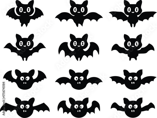 Clean black and white vector illustration of cute flying cartoon bats with simple shapes and friendly expressions, minimal details.eps