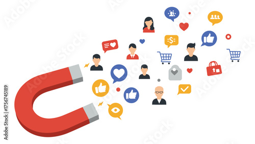 A flat vector magnet attracting vibrant flat icons of customers, symbolizes customer engagement, brand attraction, and interactive marketing strategy.