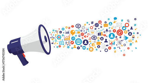 A flat vector shaped like a megaphone, blasting out colorful geometric confetti made of tiny social icons, charts, and hashtags, on pure white background , symbolizes viral marketing, brand pro