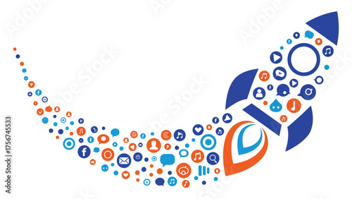 A sleek flat vector rocket made of abstract social media icons, blasting off with colorful geometric trails, on pure white background , symbolizes viral growth, digital marketing, and brand expansion