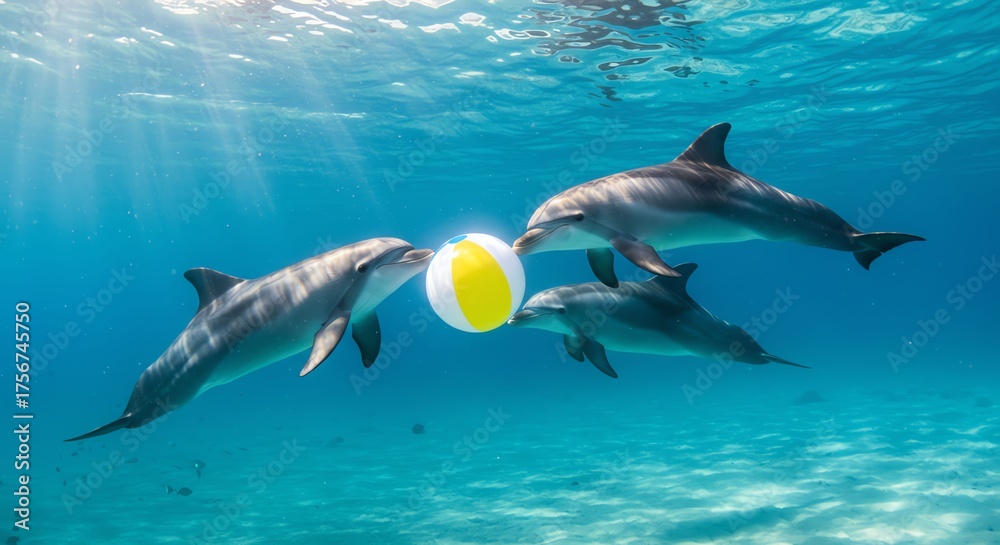 Fototapeta premium Dolphins Playing with Beach Ball Under Sunlit Ocean Water
