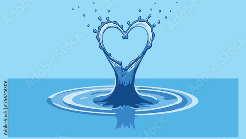 Flat vector droplet falling into water, splash forming a perfect heart shape, blue and light grey on pure white background , purity and emotion fusion concept.