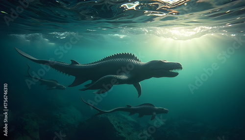 Underwater prehistoric creatures swimming in ancient ocean, sunlight filtering through waves.