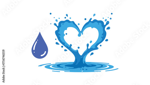Flat vector droplet falling into water, splash forming a perfect heart shape, blue and light grey on pure white background , purity and emotion fusion concept.