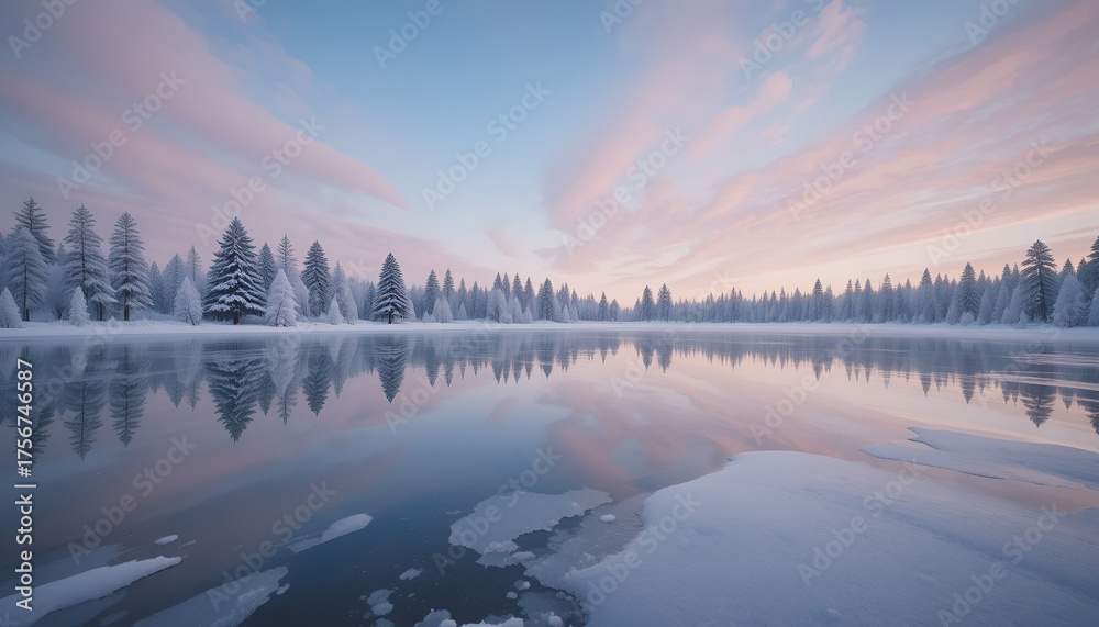 Fototapeta premium Calm Frozen Lake Landscape with Snowy Trees at Colorful Winter Sunrise