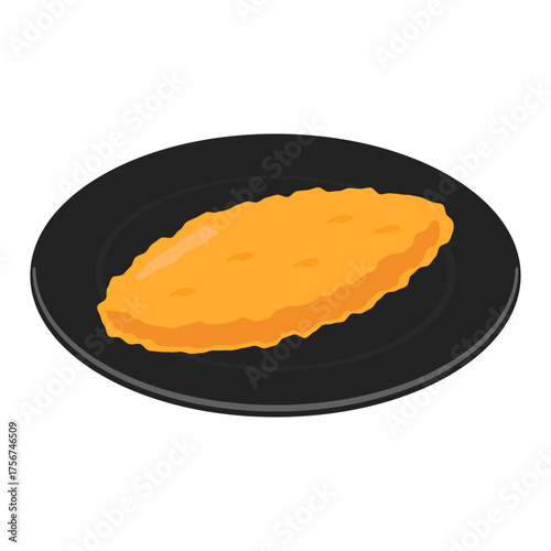 Fried white fish with tartar sauce on black plate - flat vector illustration, Japanese food icon