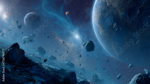 Panoramic view of the vastness of space with planets and stars on a dark blue background. Outer space background illustration.