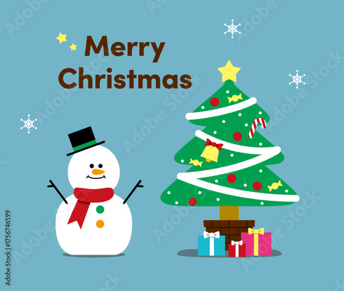 Cute Christmas Illustration (Snowman, Tree, Presents) – with text, background（クリスマスイラスト）