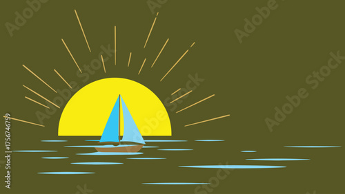Flat vector of a lone small sailboat floating under a rising sun,  peace solitude and hope.