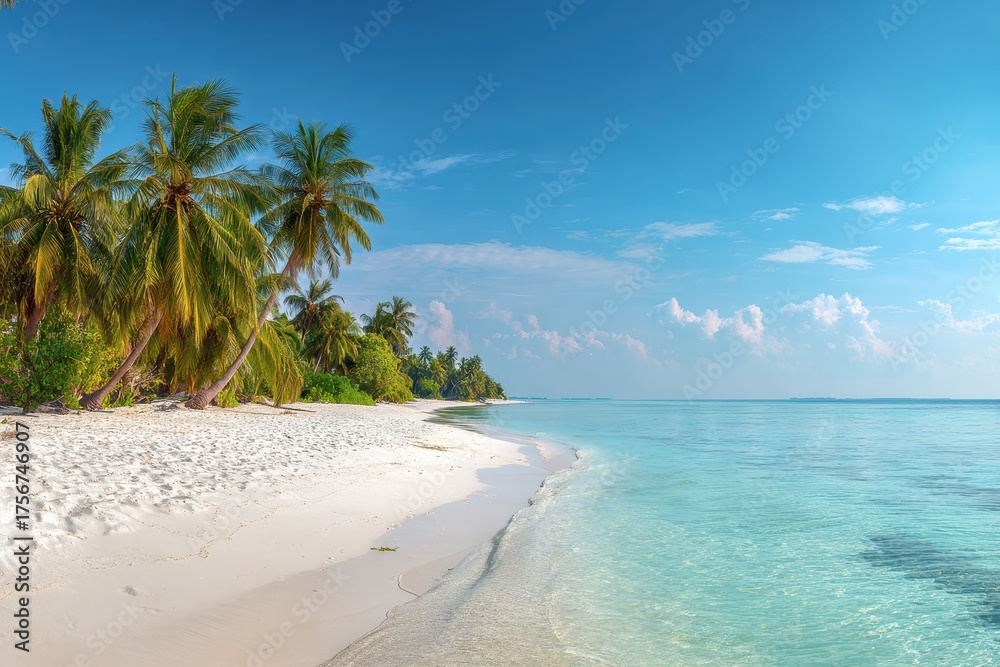 Naklejka premium Stunning tropical beach with white sand and clear blue waters, surrounded by palm trees, inviting relaxation and sunbathing under a bright sky