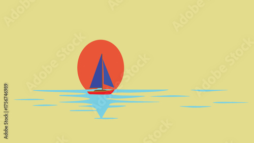 Flat vector of a lone small sailboat floating under a rising sun,  peace solitude and hope.