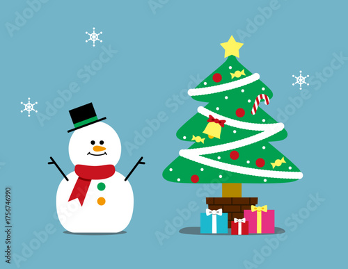 Cute Christmas Illustration (Snowman, Tree, Presents) – no text, background（クリスマスイラスト）