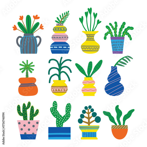 Hand Drawn Potted Plant Vector Set, Colorful Indoor Houseplant Illustration Collection