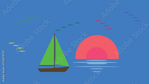 lat vector of a lone small sailboat floating under a rising sun,  peace, solitude, and hope.